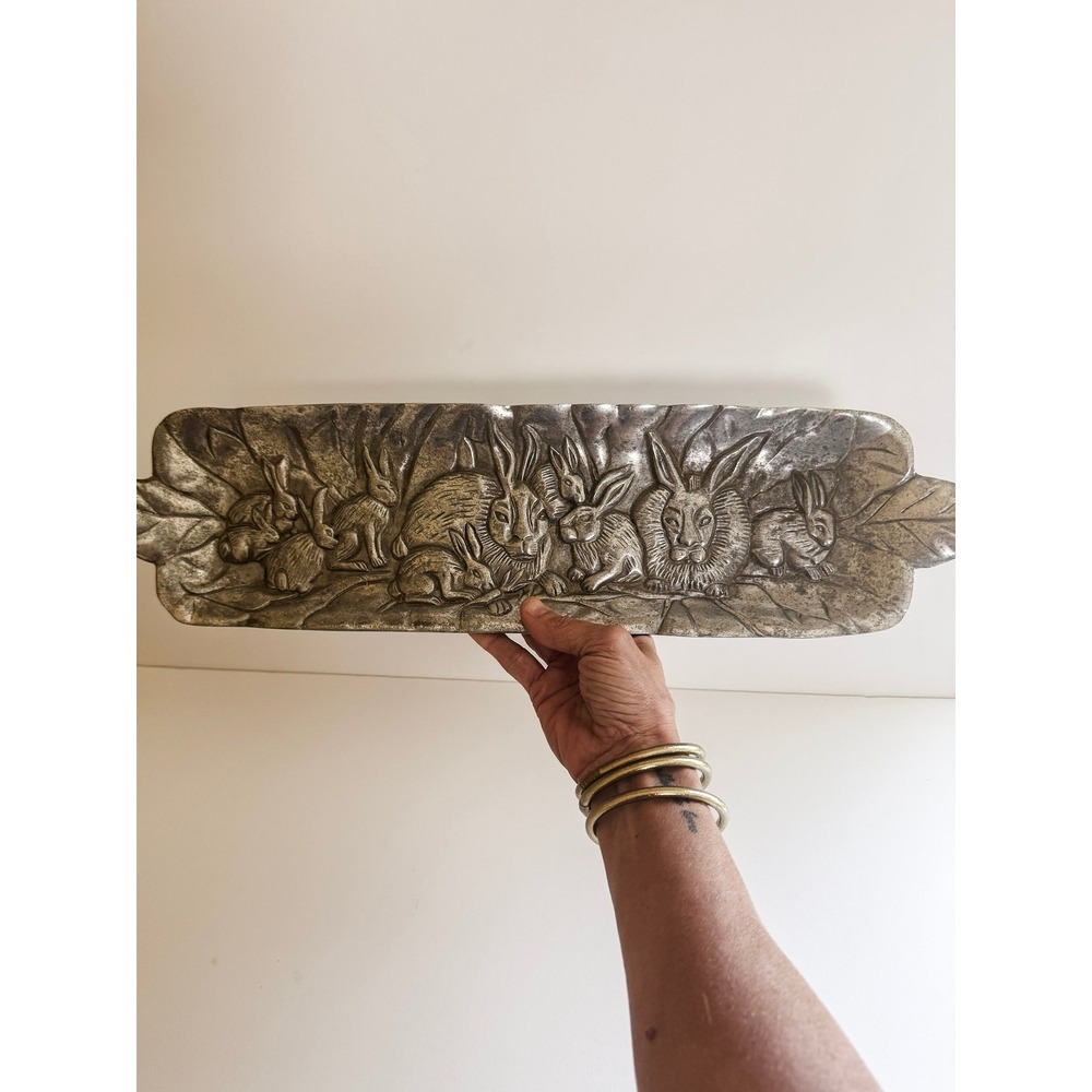 Hacienda Real Mexican Pewter Rabbit Family Leaf Tray Hand Polished 21.5 Inch